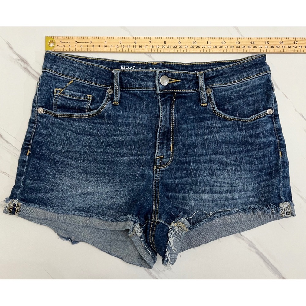 Mossimo Denim High Rise Shorts Dark Wash Raw Hem Power Stretch Size 10/30R - Picture 4 of 6